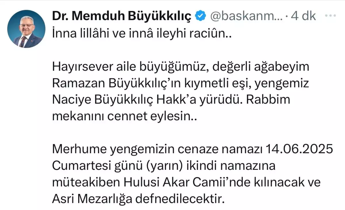 Kayseri Büyükşehir Belediye Başkanı'nın Yengesi Hayatını Kaybetti