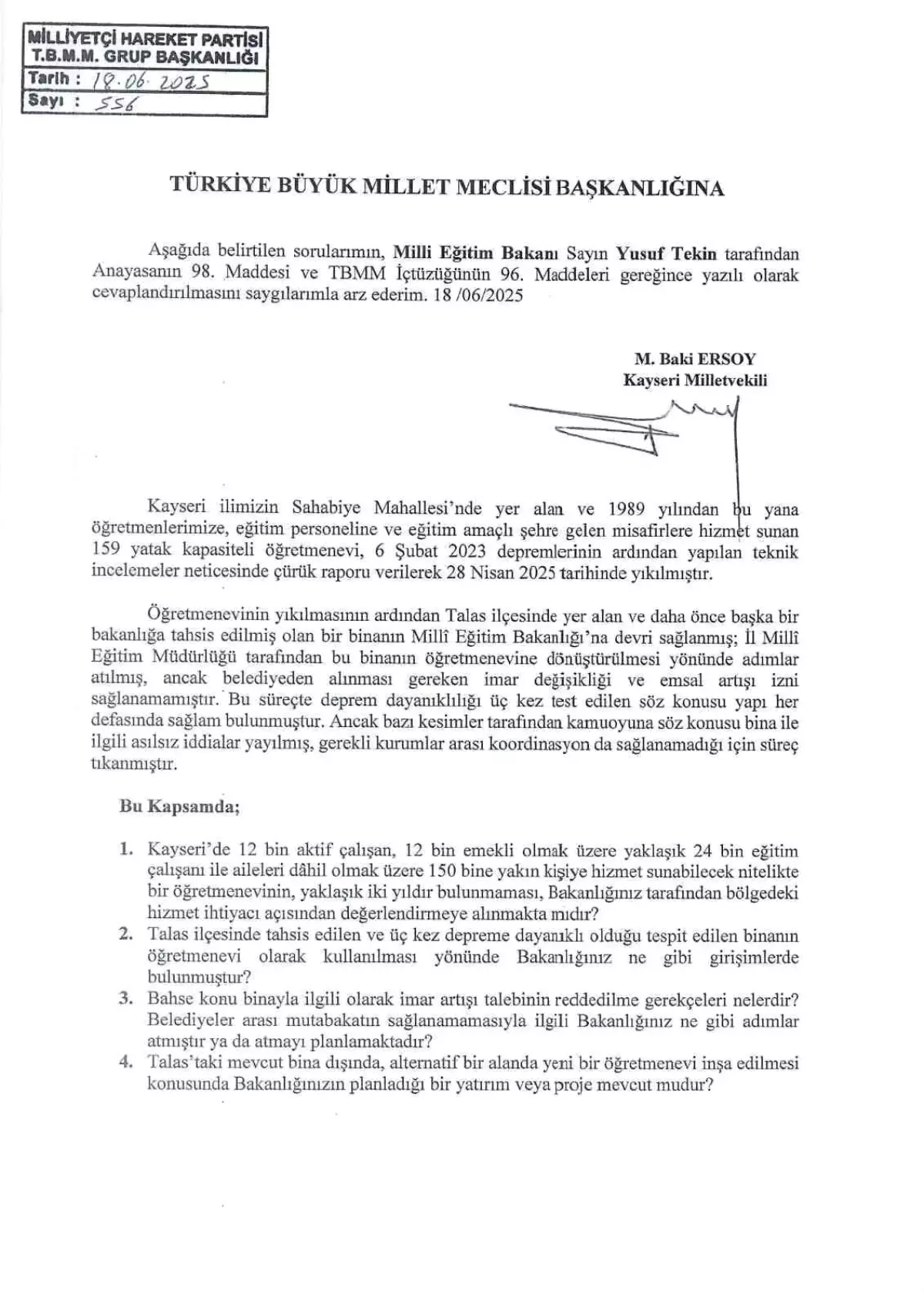 MHP'li Vekil Baki Ersoy'dan Kayseri Öğretmenevi İçin Soru Önergesi