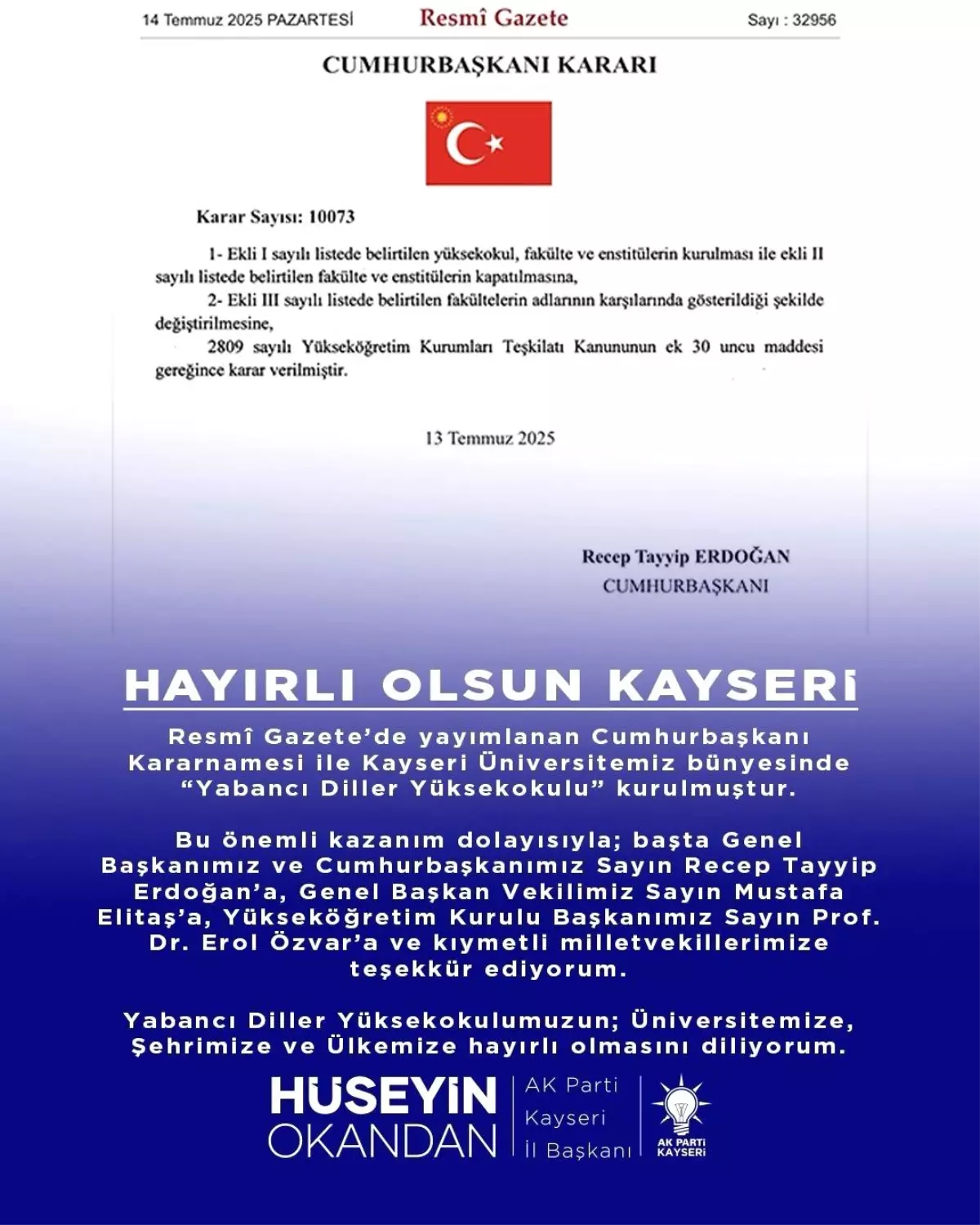 Kayseri'ye Yabancı Diller Yüksekokulu müjdesi