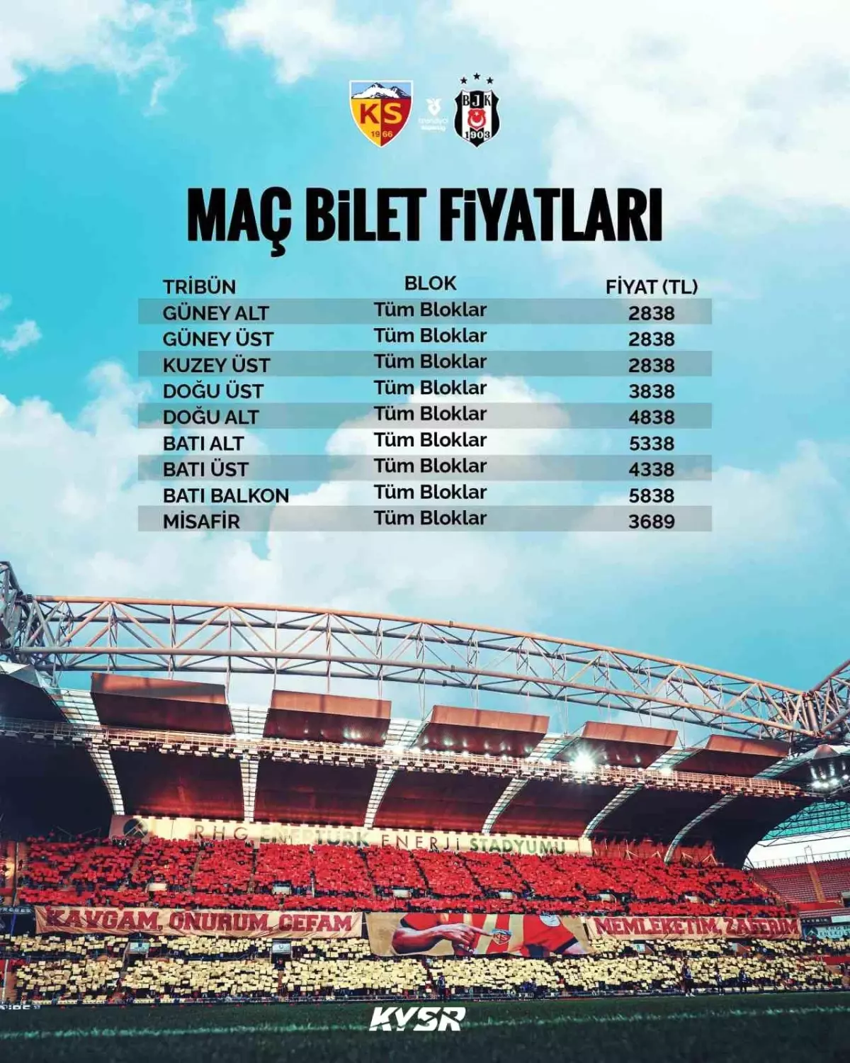 Kayserispor-Beşiktaş Maçının Bilet Fiyatları Açıklandı