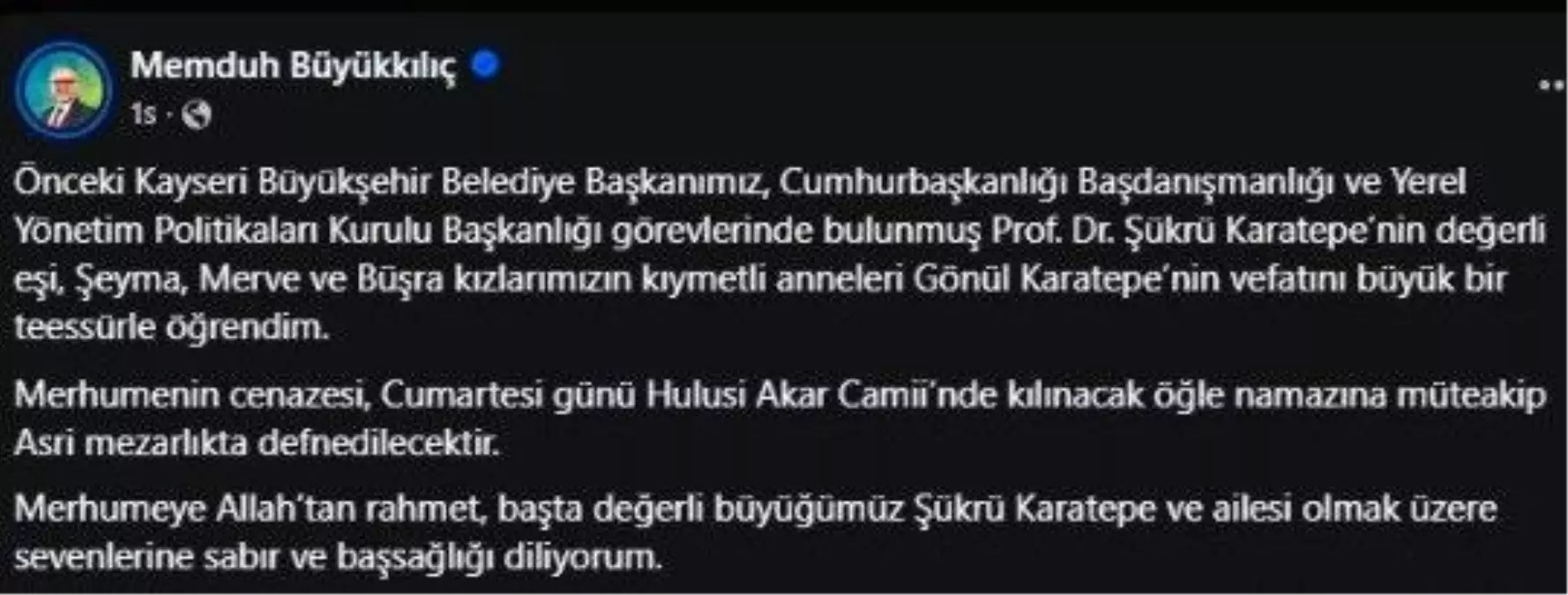 Prof. Dr. Şükrü Karatepe'nin Eşi Gönül Karatepe Vefat Etti