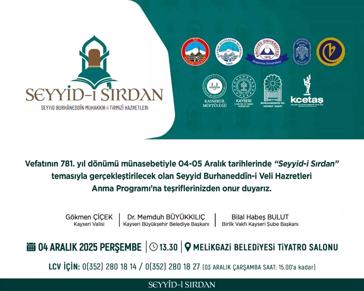 Kayseri'de Seyyid Burhaneddin'in 781. Vefat Yıl Dönümü Anma Programı Düzenlenecek