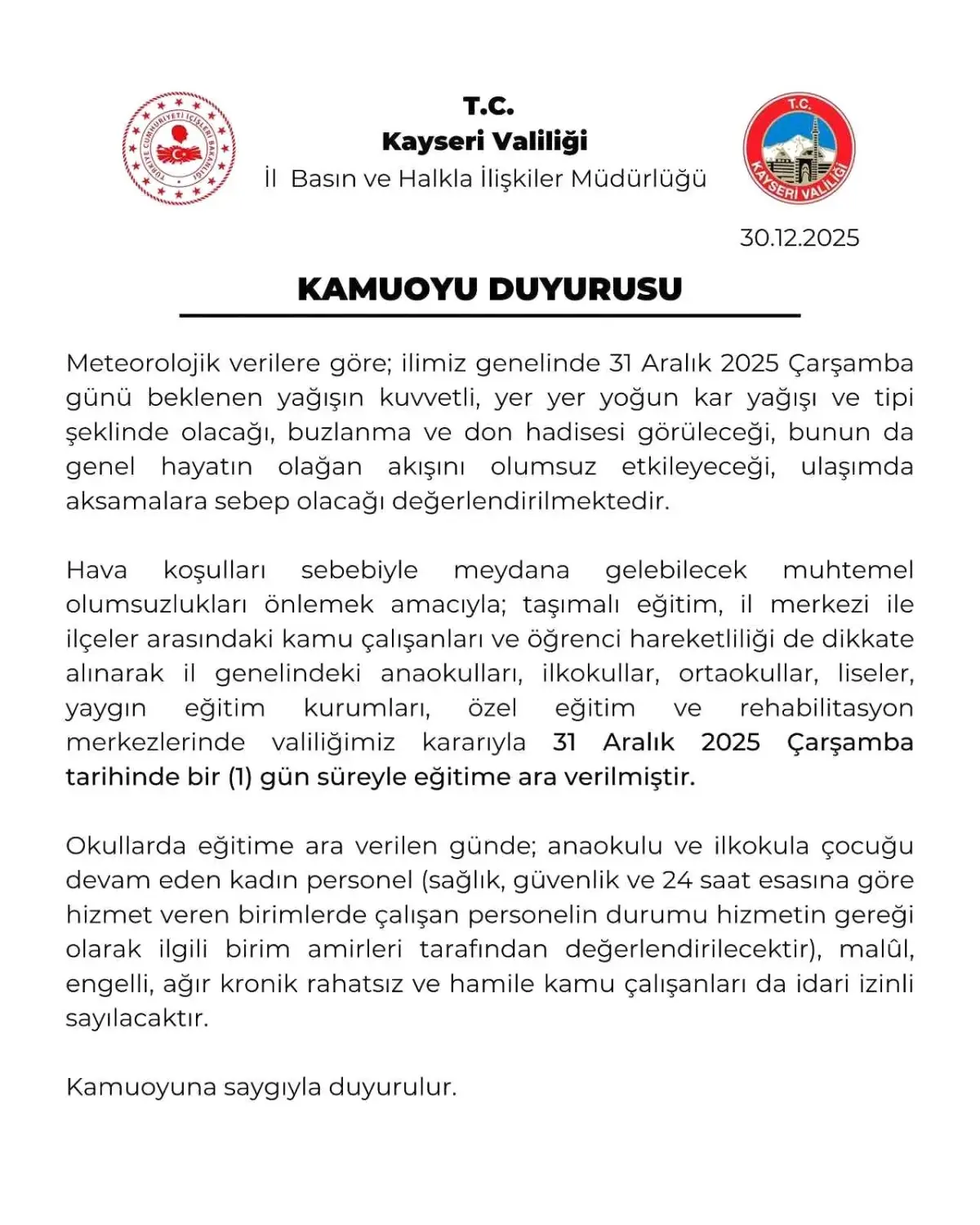 Kayseri'de Eğitime Kar Engeli