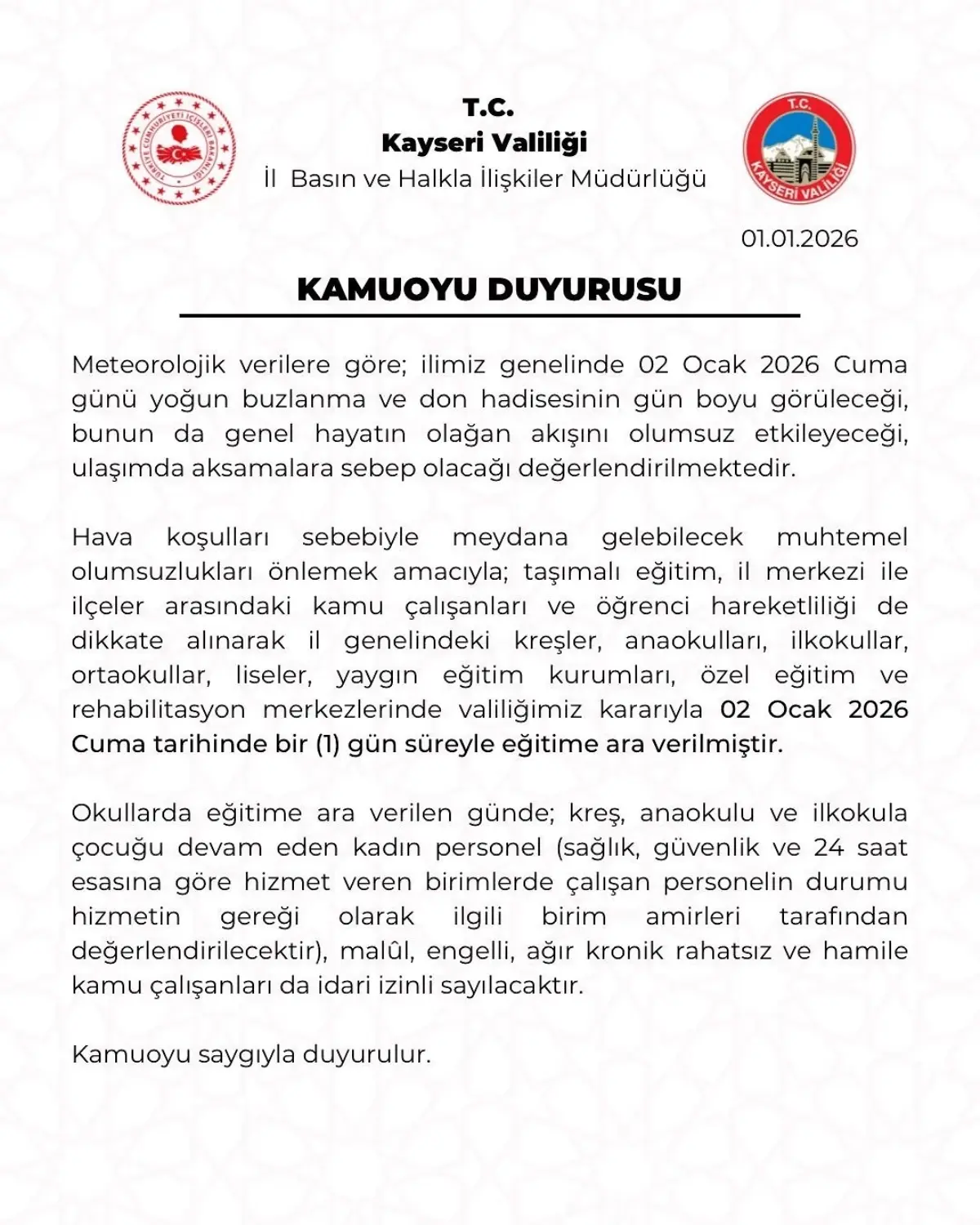 Kayseri'de Eğitime Buzlanma Nedeniyle Ara Verildi