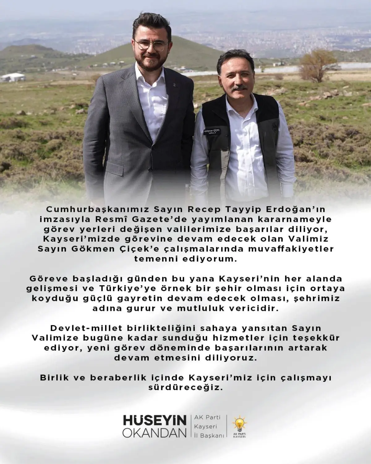 Başkan Okandan: 'Birlik ve beraberlik içinde Kayseri'miz için çalışmayı sürdüreceğiz'