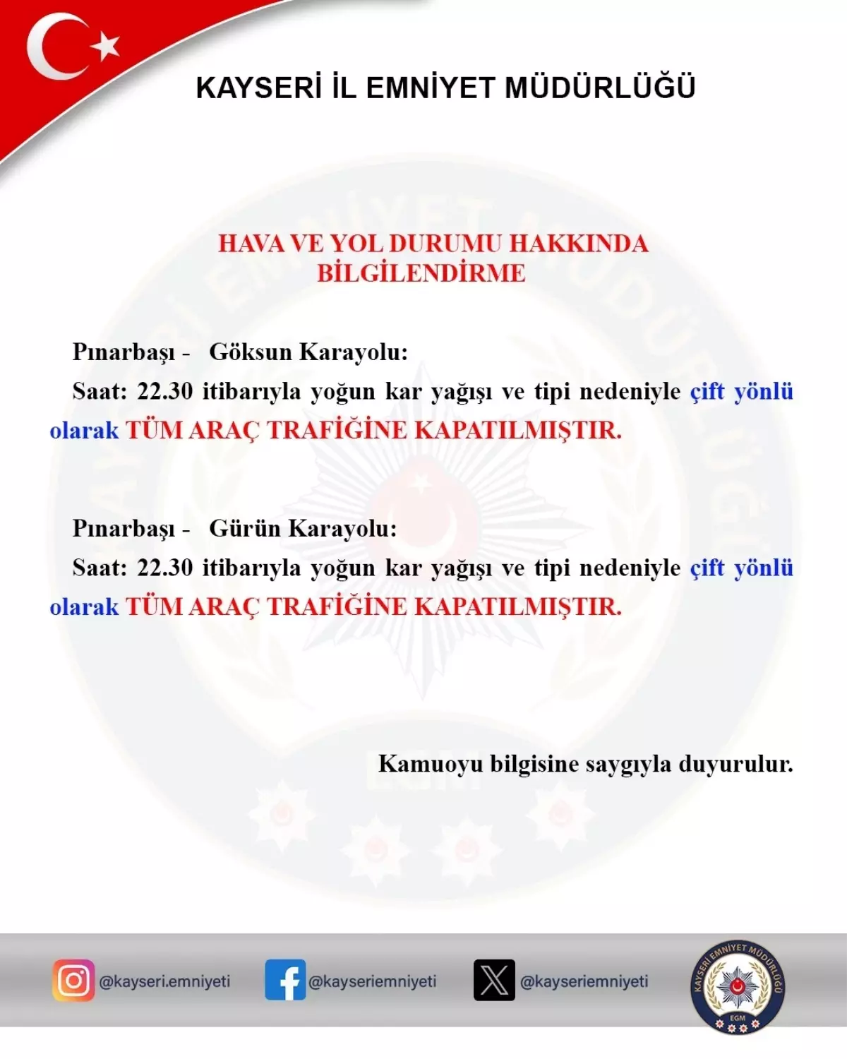 Kahramanmaraş Yolu Yoğun Kar Nedeniyle Kapatıldı