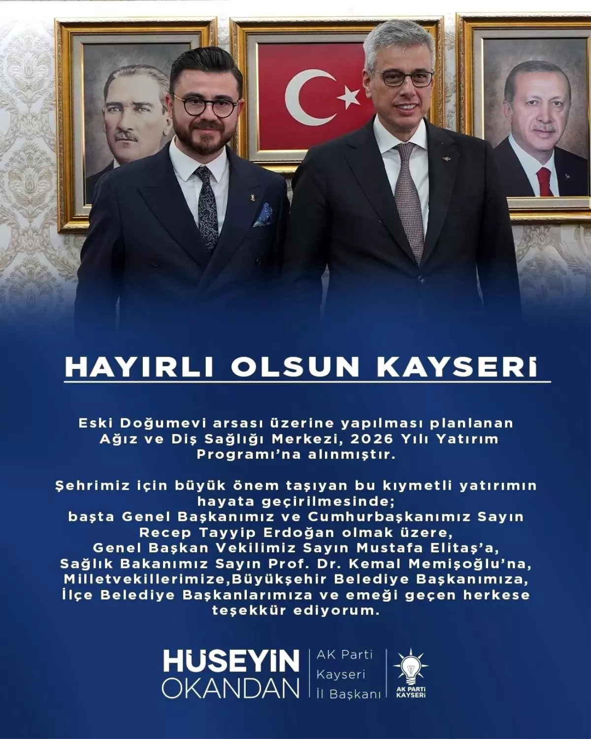 AK Parti İl Başkanı Okandan'dan 'Diş Sağlığı Merkezi' teşekkürü
